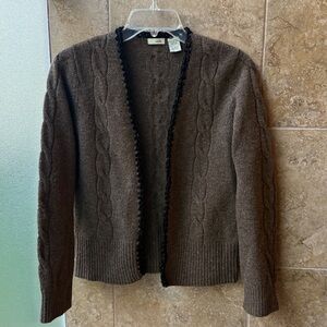 Vintage Anthropologie Odille Cardigan Sweater Velvet Trim Lambswool Cableknit L